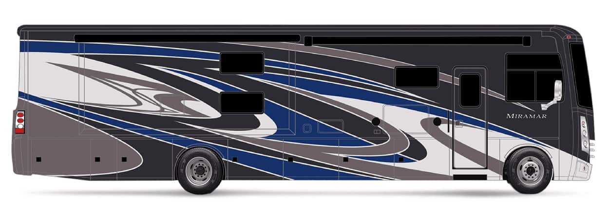 Side profile of a Class A motorhome. Move the slider to reveal the Ford chassis.