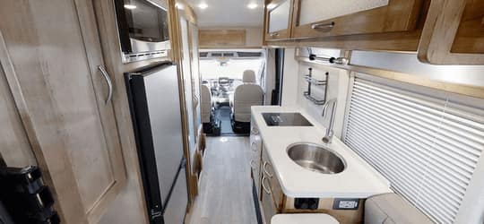 The inside of an RV looking towards the rear.
