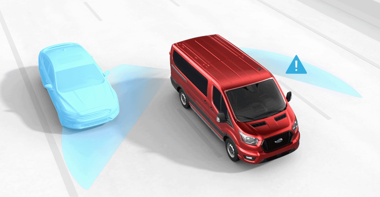 An illustration of a red Transit and a car on the freeway showing the blindspot alert sensors.